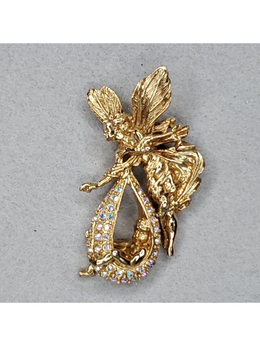 Vintage Kirks Folly Fairy Baby Brooch Stork AB Rhinestone Gold Tone 2.25"